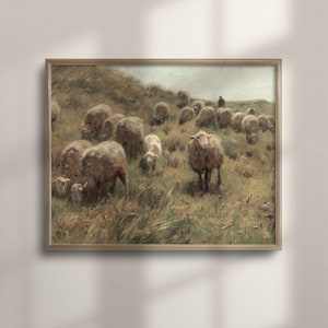 Vintage Sheep Painting, Rustic Farmhouse Wall Art, English Countryside Landscape, Muted Green Antique Artwork, Cottage Core Decor, C16-18