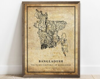 Impresión de mapa vintage de Bangladesh: Arte mural de caminos rurales