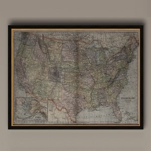 Carte des États-Unis, carte vintage des États-Unis, vintage Wall Art, Home Decor, Options encadrées disponibles, Circa 19th C., AM76