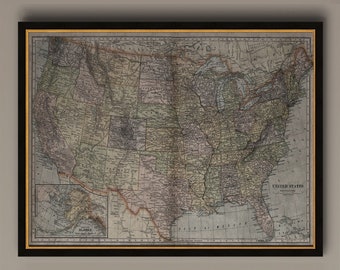 United States Map, Vintage Map of the United States, Vintage Wall Art, Home Decor, Framed Options Available, Circa 19th C., AM76