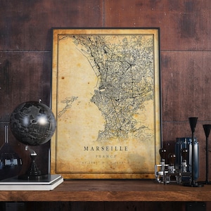 Marsella Mapa Vintage Póster Arte de la pared / Impresión de arte de la ciudad / Decoración del hogar de estilo antiguo, rústico y antiguo / Francia imprime regalo / M551