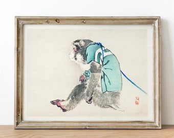 Antique Monkey Print: Vintage Japanese Zoology Art by Kōno Bairei