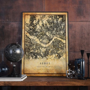 Seoul Vintage Map Poster Wall Art | City Artwork Print | Antique, rustic, old style Home Decor | South Korea prints gift | M678