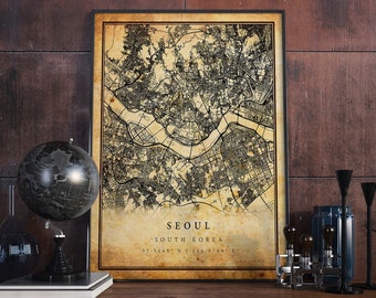 Seoul Vintage Map Poster Wall Art | City Artwork Print | Antique, rustic, old style Home Decor | South Korea prints gift | M678