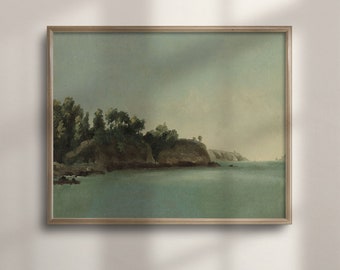 Antique Coastal Seascape Oil Painting: Vintage Farmhouse Wall Art