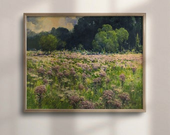 Vintage Meadow Watercolor Painting, Antique Farmhouse Wall Art, Country Landscape, Floral Decor, C16-605