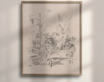 Victorian Era Antique Art Sketch, Vintage Whimsical Garden Scene, Victorian Painting, Poster Print, C16-1357