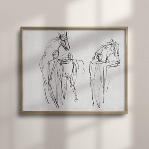 Vintage Horse Painting, Antique Line Art Drawing, Abstract Horse Wall Art, Minimalist Home Decor, Unique Sketch Poster, C16-362