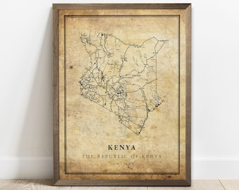 Kenya vintage map poster print, country street road map wall art, country map, country decor, C15-66