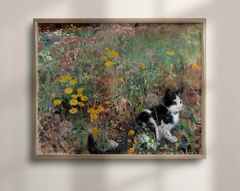 Vintage Cat Portrait: Wildflower Feline Wall Art