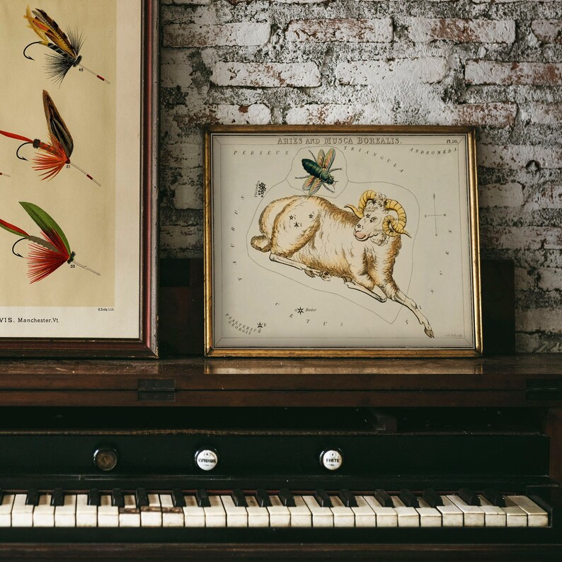 May include: A vintage illustration of the constellation Aries, featuring a ram with a golden fleece and a small green fly. The illustration is framed in a gold frame and is displayed on top of a vintage piano.