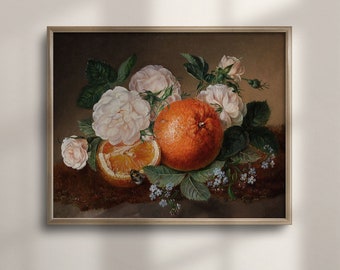 May include: A still life painting of white roses and a sliced orange with a whole orange next to it. The fruit and flowers are arranged on a brown surface with green leaves.