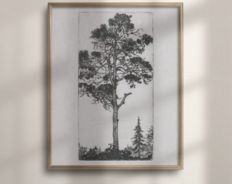 Puede incluir: Impresión en blanco y negro de línea de arte de un pino alto con un pino más pequeño en el fondo. La impresión está enmarcada en un marco de madera claro.
