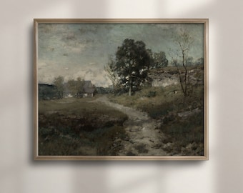 Könnte beinhalten: Ein Gemälde einer ländlichen Landschaft mit einem kleinen Haus in der Ferne, einer unbefestigten Straße, die zu ihm führt, und einem großen Baum im Vordergrund. Der Himmel ist bewölkt und die Farben sind gedämpft.