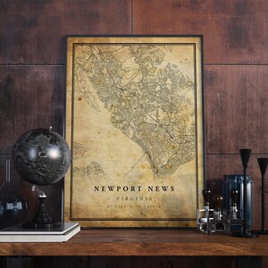 Póster de mapa vintage de Newport News, arte mural, impresión de arte urbano, decoración del hogar antigua, rústica y de estilo antiguo, regalo de grabados de Virginia, VM135