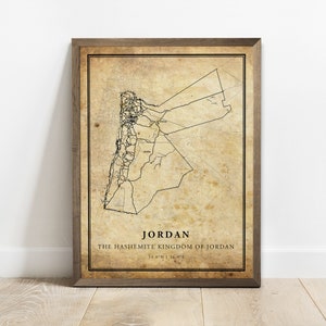 Jordanien Vintage Karte Poster Druck, Land Straße Straßenkarte Wandkunst, Landkarte, Landkarte, C15-64