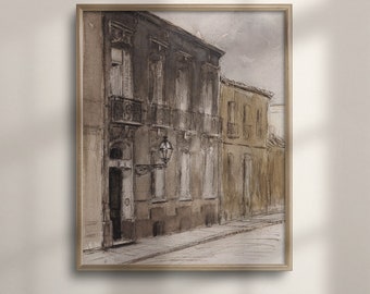 Vintage Paris Street Scene Watercolor: Neutral French Architecture Art