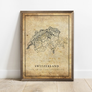 Die Schweiz Vintage Karte Plakat Druck, Landstraße Straßenkarte Wandkunst, Landdrucke, Landplakat, C15-123