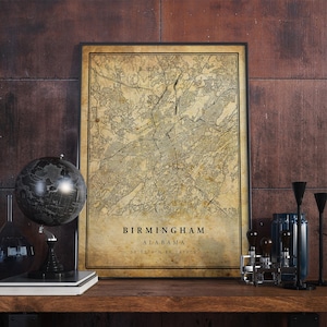 arte da parede do poster do mapa vintage de Birmingham | Impressão de arte da cidade | Decoração de casa antiga, rústica e antiga | Alabama imprime presente | VM104