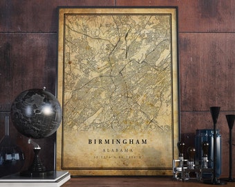 Birmingham Vintage Map Poster Wall Art | City Artwork Print | Antique, rustic, old style Home Decor | Alabama prints gift | VM104