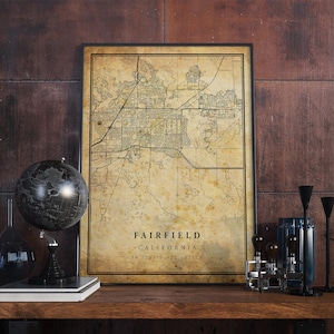 Póster de mapa vintage de Fairfield, arte mural, impresión de arte urbano, decoración del hogar antigua, rústica y de estilo antiguo, impresiones de California, regalo, VM242