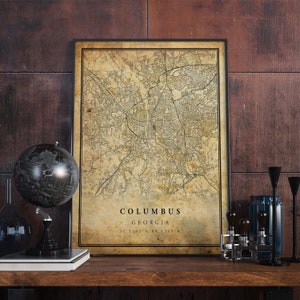 Póster de mapa vintage de Columbus, arte de pared, impresión de arte urbano, decoración del hogar antigua, rústica y de estilo antiguo, impresiones de Georgia, regalo, VM119