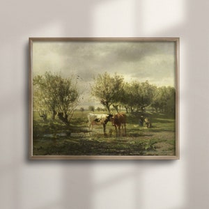 Vintage River Landscape Painting with Cows: Rustic Farmhouse Art