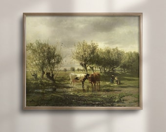 Vintage River Landscape Painting with Cows: Rustic Farmhouse Art