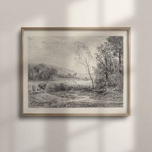 Antique Artwork, Neutral Landscape Sketch, Minimalist Wall Decor, Vintage Farmhouse Drawing, Neutral Art, C16-416