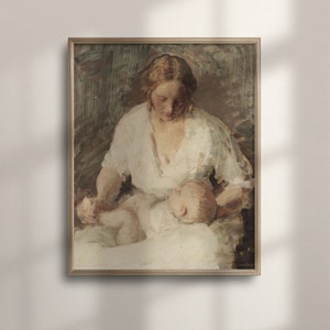 ヴィンテージの母と子のアートワーク、アンティークの子供部屋絵画、母と娘/息子の装飾、母の日ギフト、オート麦畑の風景、壁、C16-779