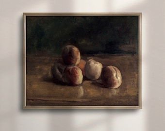 Vintage Peach Still Life Art Print: Moody Farmhouse Kitchen Decor
