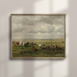 Vintage Cow Painting: Rustic Farmhouse Meadow Landscape Wall Art