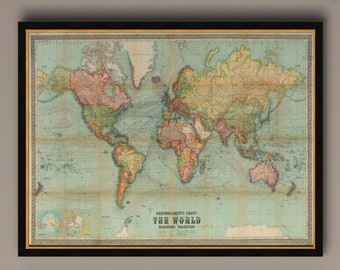 上品な Atlas Vintage Map World Beautiful 1914 Projection Mercator 版画