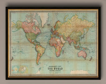 Beautiful World Map Vintage Atlas 1914 Mercator projection, AM29