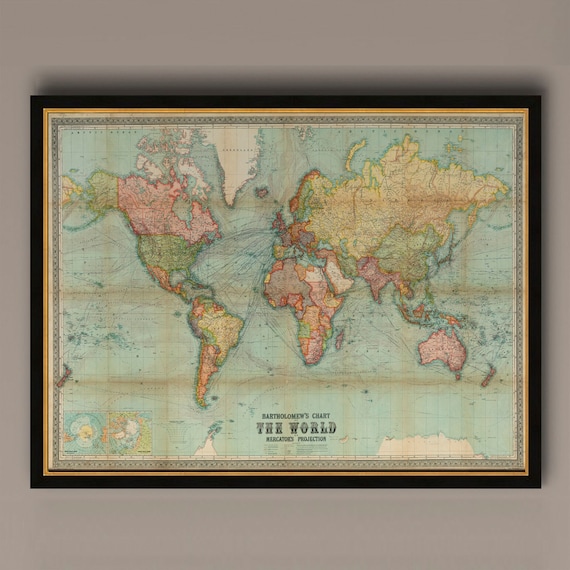 ヴィンテージ世界地図プリント：1914年メルカトル図法地図帳 - Etsy 日本