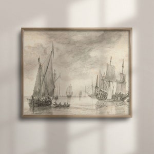 Vintage Nautisches Kunstwerk, Antike Schiffsskizze, Küstenwanddekor, Hafenradierung, große neutrale Wandkunst, nautische Kinderzimmerdekor, C16-345