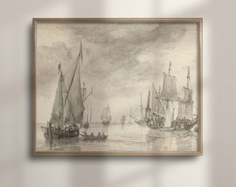 May include: A black and white drawing of a fleet of ships sailing on a calm sea. The ships have tall masts and sails, and the sky is cloudy. The drawing is framed in a light brown wood frame.