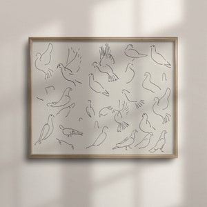 Minimalist Bird Line Art, Abstract Sketch, Vintage Drawing, Modern Farmhouse Wall Decor, Antique Inspired Poster Art, C16-336