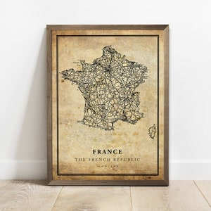 Frankreich Vintage Karte Poster Druck, Land Straße Straßenkarte Wandkunst, Land Geschenke, Land Karte Druck, C15-42