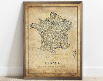 Vintage France Map Poster: Country Road Art Print