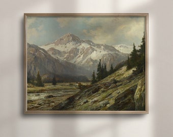 Antique Landscape Mountain Painting, Rustic Lodge and Cabin Wall Art, Vintage Home Decor, C16-423