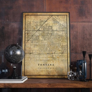 Póster de mapa vintage de Fontana, arte de pared, impresión de arte urbano, decoración del hogar antigua, rústica y de estilo antiguo, impresiones de California, regalo, VM106