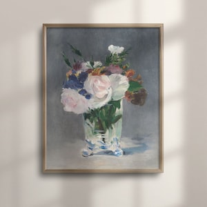 Vintage Floral Still Life Painting: Antique Flower Print, Farmhouse Wall Art