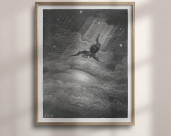 Satan Descends upon Earth Print: Gustave Doré Gothic Wall Art, Paradise Lost Engraving