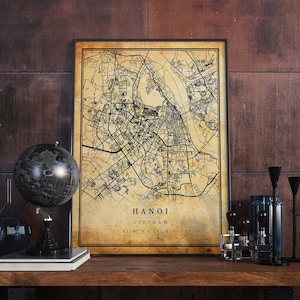 Hanoi Vintage Karte Poster Wandkunst | Stadt Kunstwerk Druck | Antike, rustikale, alte Wohnkultur | Vietnam Drucke Geschenk | M714