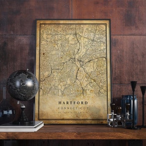 Póster de mapa vintage de Hartford, arte mural, impresión de arte urbano, decoración del hogar antigua, rústica y de estilo antiguo, impresiones de Connecticut, regalo, VM221