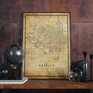 Póster de mapa vintage de Greeley, arte mural, impresión de arte urbano, decoración del hogar antigua, rústica y de estilo antiguo, impresiones de Colorado, regalo, VM291