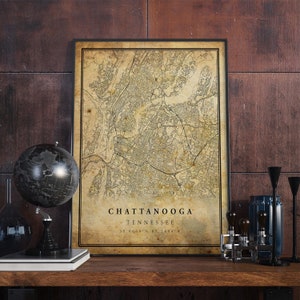 Póster de mapa vintage de Chattanooga, arte mural, impresión de arte urbano, decoración del hogar antigua, rústica y de estilo antiguo, impresiones de Tennessee, regalo, VM139