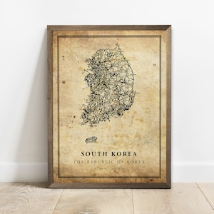 Zuid-Korea vintage kaart poster print, land straat wegenkaart kunst aan de muur, land decor, land geschenken, C15-103