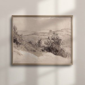 Vintage Panoramic Landscape Print: Muted Beige Farmhouse Wall Art